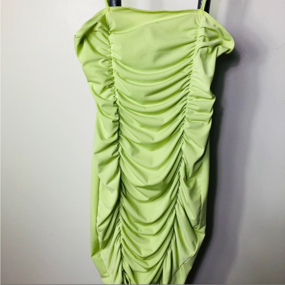 MRT 1030 lime green ruched mini dress